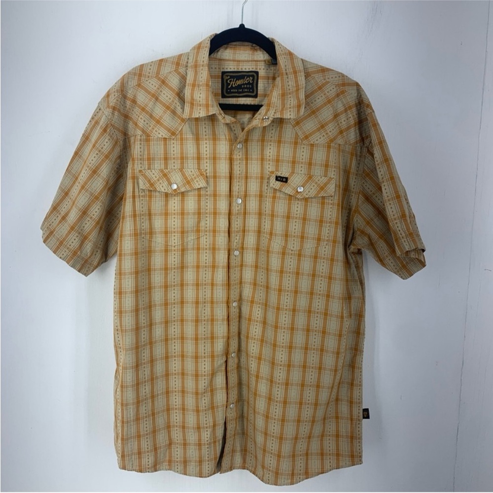 Howler Brothers XL H Bar B Snap Shirt Plaid Embroidered Pumpkin Short Sleeve